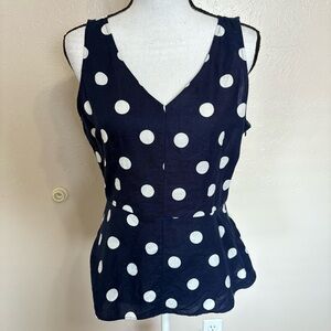 J.Crew Polka Dot Peplum Linen Cotton Sleeveless Blouse Navy Blue Women’s Size 6